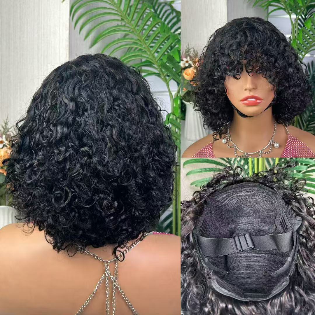 Double Drawn Machine Bob Wig With Bangs Water Wave 12 Inch