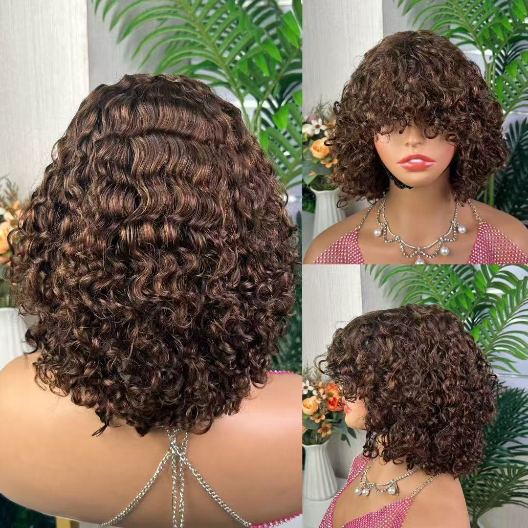 Double Drawn Machine Bob Wig With Bangs Water Wave 12 Inch