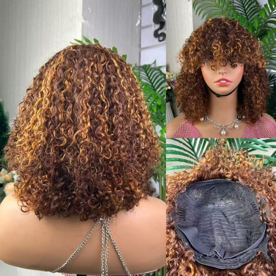 Double Drawn Machine Bob Wig With Bangs Pixie Curl 12 Inch