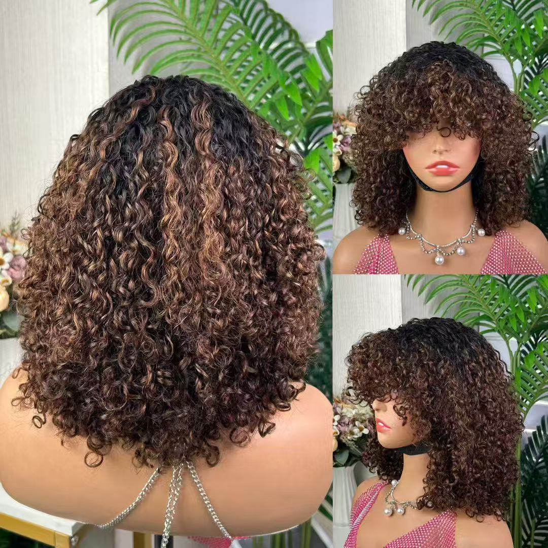 Double Drawn Machine Bob Wig With Bangs Pixie Curl 12 Inch