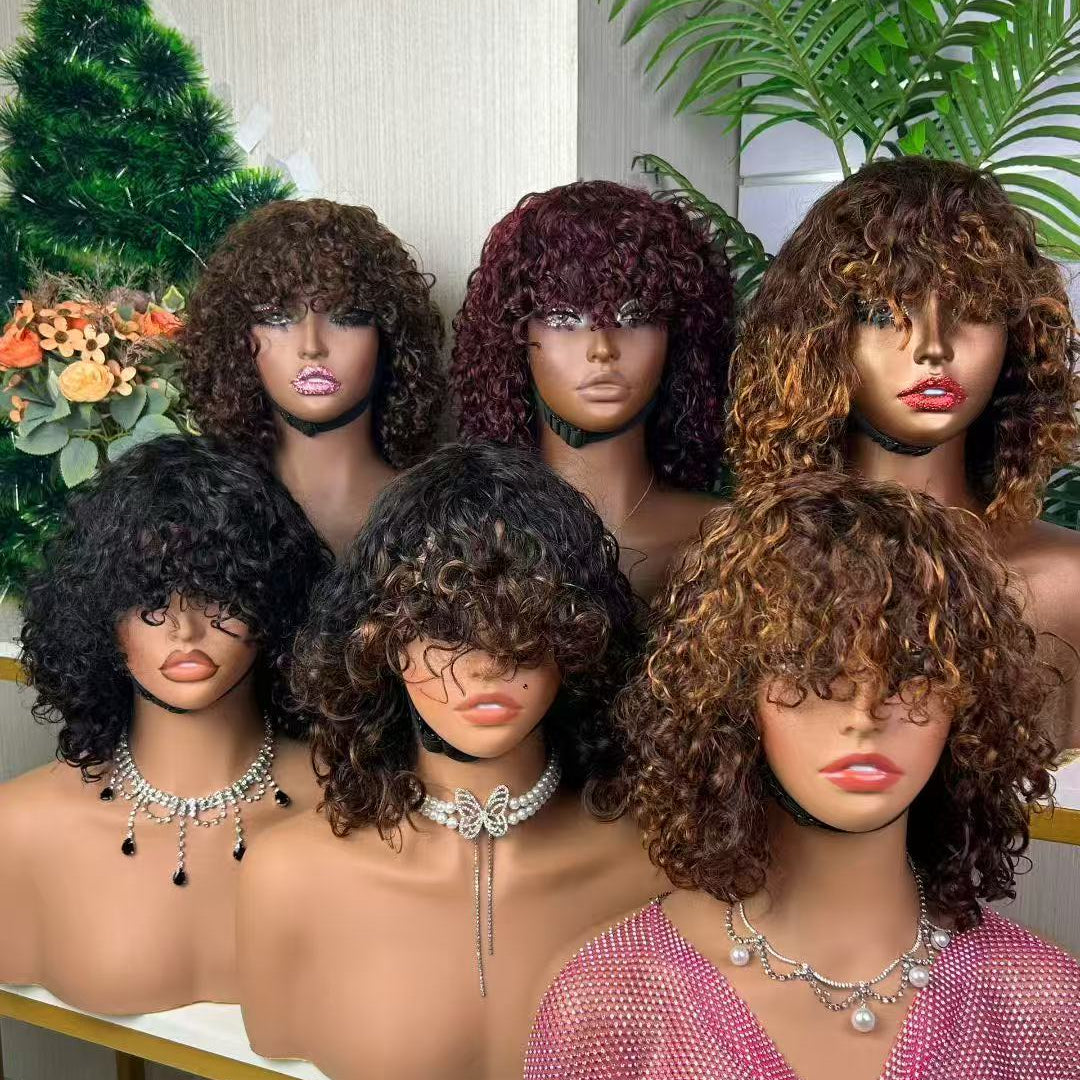 Double Drawn Machine Bob Wig With Bangs Water Wave 12 Inch