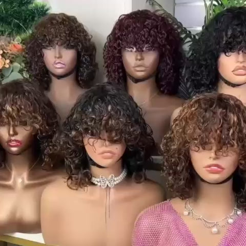Double Drawn Machine Bob Wig With Bangs Pixie Curl 12 Inch